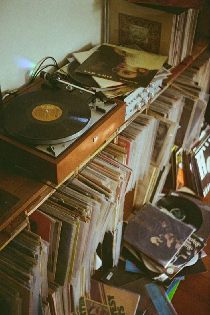Vinyl records collection on display